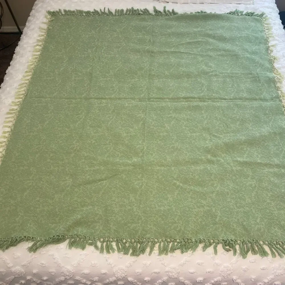 Vintage April Cornell Essentials Tablecloth Square Fringe Green 52x52